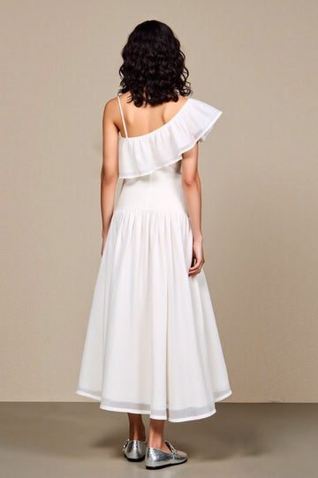 White A Line Floral Ruffled Wedding Guest Dress